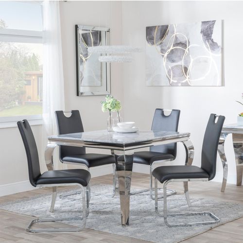 Louis 4 Seater Grey Marble and Chrome Square Dining Set - 4 Bianco Black Faux Leather Dining Chair