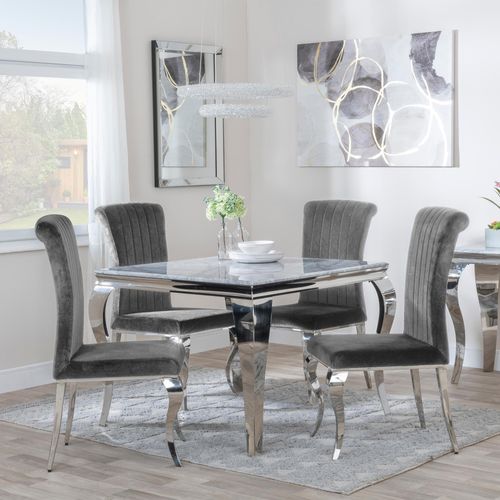 Louis 4 Seater Grey Marble and Chrome Square Dining Set - 4 Grey Velvet Fabric Dining Chair