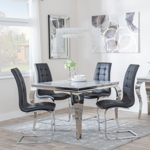 Louis 4 Seater Grey Marble and Chrome Square Dining Set - 4 Jamison Black Faux Leather Dining Chair