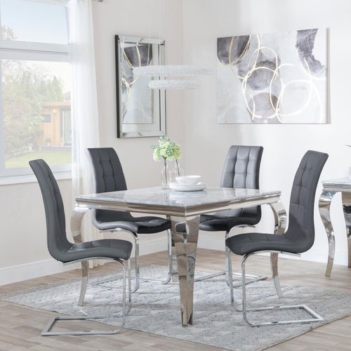 Louis 4 Seater Grey Marble and Chrome Square Dining Set - 4 Jamison Grey Faux Leather Dining Chair