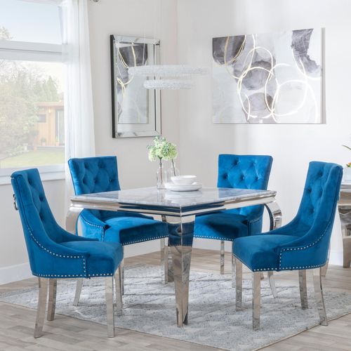 Louis 4 Seater Grey Marble and Chrome Square Dining Set - 4 Knocker Back Blue Velvet Fabric Dining Chair with Chrome Legs