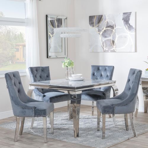 Louis 4 Seater Grey Marble and Chrome Square Dining Set - 4 Knocker Back Grey Velvet Fabric Dining Chair with Chrome Legs