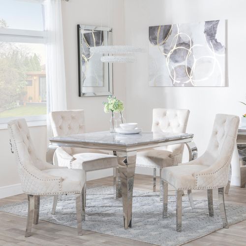 Louis 4 Seater Grey Marble and Chrome Square Dining Set - 4 Lion Knocker Back Champagne Velvet Fabric Dining Chair with Chrome Legs