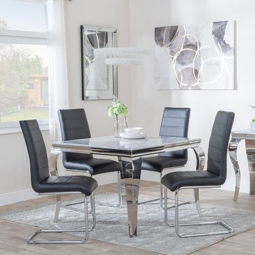 Louis 4 Seater Grey Marble and Chrome Square Dining Set - 4 Roma Black Faux Leather Dining Chair
