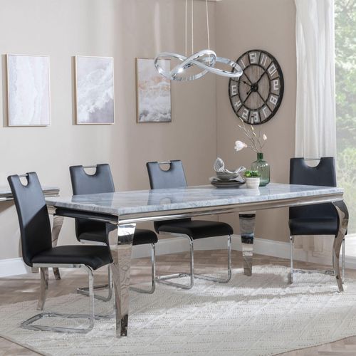 Louis Grey Marble and Chrome Dining Set - Bianco Black Faux Leather Dining Chair