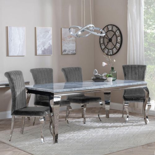 Louis Grey Marble and Chrome Dining Set - Grey Velvet Fabric Dining Chair