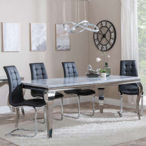 Louis Dining Set - 4 Seater - 140cm - Grey Marble & Chrome - Jamison Dining Chairs - Black Faux Leather