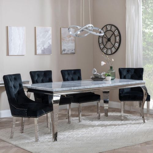Louis Grey Marble and Chrome Dining Set - Lion Knocker Back Black Velvet Fabric Dining Chair with Chrome Legs