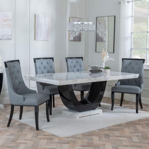 Madrid White Marble Dining Set - Carmela Grey Leather Dining Chair