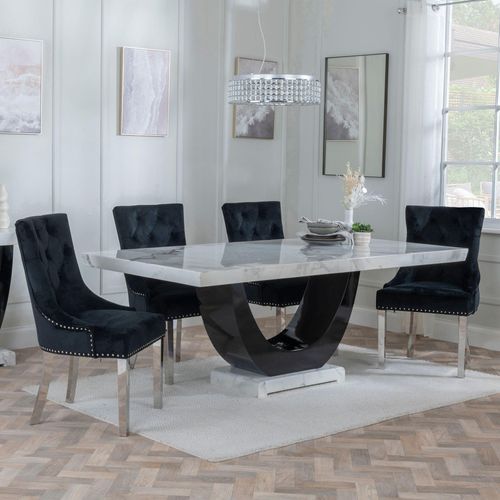 Madrid White Marble Dining Set - Knocker Back Black Velvet Fabric Dining Chair with Chrome Legs