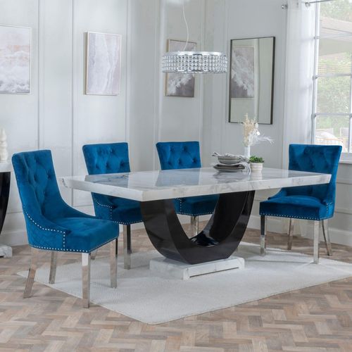 Madrid White Marble Dining Set - Lion Knocker Back Blue Velvet Fabric Dining Chair with Chrome Legs