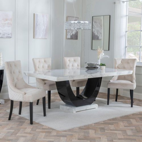 Madrid White Marble Dining Set - Lion Knocker Back Champagne Velvet Fabric Dining Chair with Black Wooden Legs