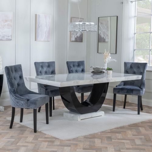 Madrid White Marble Dining Set - Lion Knocker Back Grey Velvet Fabric Dining Chair with Black Wooden Legs