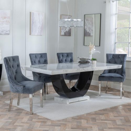 Madrid White Marble Dining Set - Lion Knocker Back Grey Velvet Fabric Dining Chair with Chrome Legs