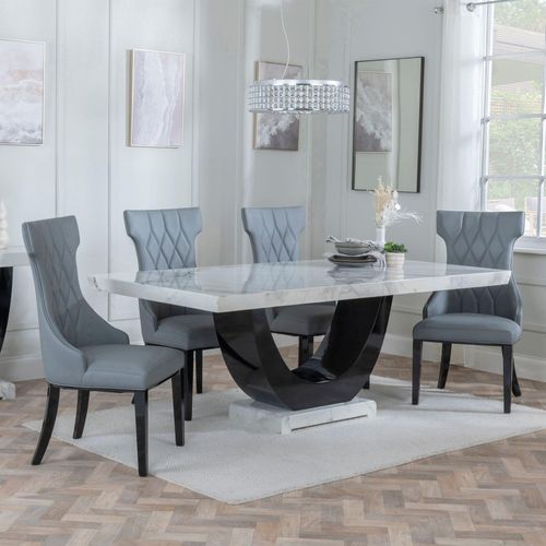 Madrid White Marble Dining Set - Mimi Grey Leather Dining Chair