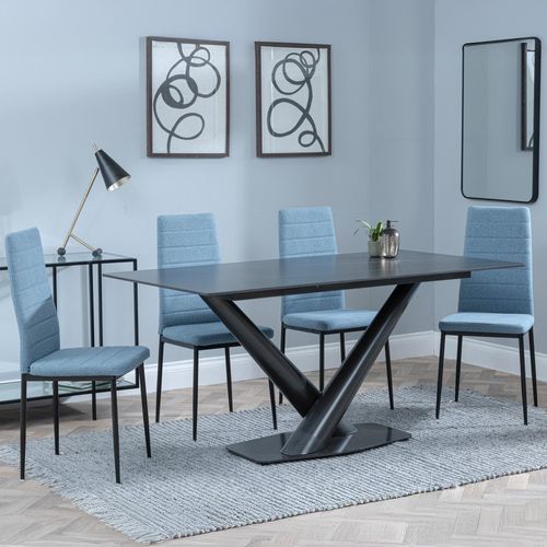 Maldon Black Ceramic Dining Set - Lido Blue Fabric Dining Chair with Black Legs