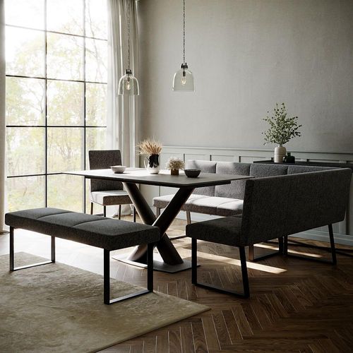 Maldon Grey Ceramic Dining Set - Bronx Dark Grey Fabric 1 RHF Corner Bench, 1 Low Bench and 1 Chair