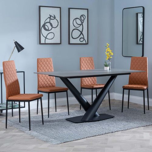 Maldon Grey Ceramic Dining Set - Metro Burnt Orange Leather Dining Chair with Black Legs