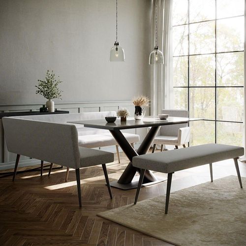 Maldon Grey Ceramic Dining Set - Monza Grey Fabric 1 LHF Corner Bench, 1 Low Bench and 1 Armchair