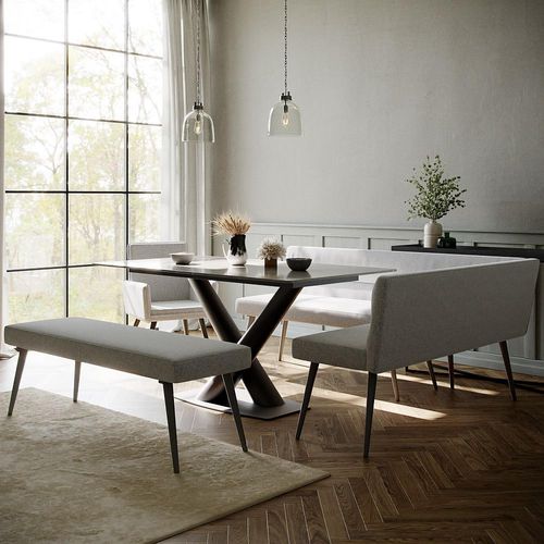 Maldon Grey Ceramic Dining Set - Monza Grey Fabric 1 RHF Corner Bench, 1 Low Bench and 1 Armchair