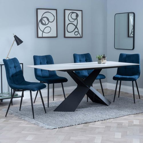 Merlin White Ceramic Dining Set - Corona Blue Fabric Dining Chair