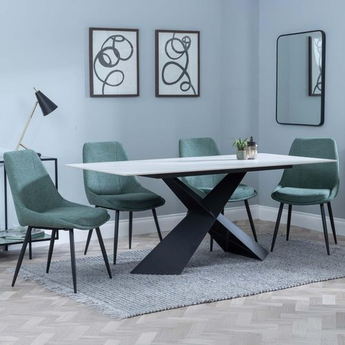 Merlin White Ceramic Dining Set - Darwin Green Fabric Dining Chair