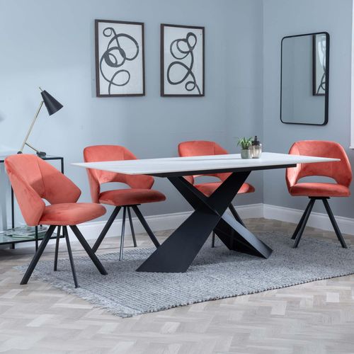 Merlin White Ceramic Dining Set - Ion Orange Velvet Fabric Swivel Dining Chair