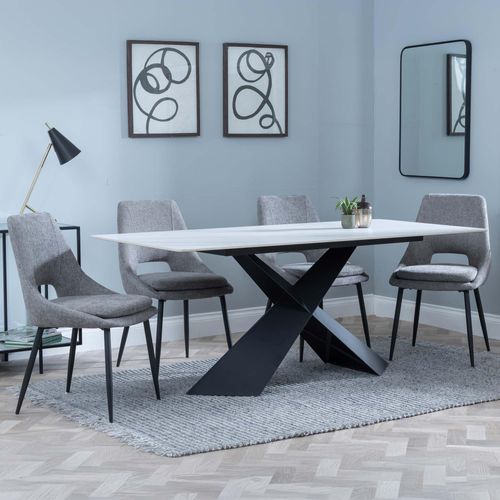 Merlin White Ceramic Dining Set - Peyton Grey Fabric Dining Chair