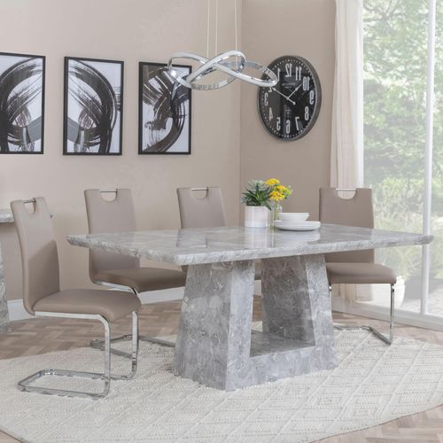 Milan Dining Set - 6 Seater - 160cm - Grey Marble - Bianco Dining Chairs - Beige Faux Leather