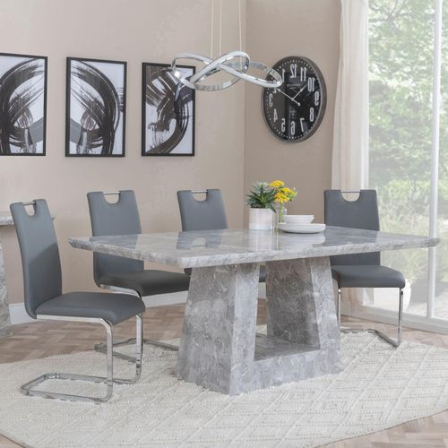 Milan Dining Set - 6 Seater - 160cm - Grey Marble - Bianco Dining Chairs - Grey Faux Leather