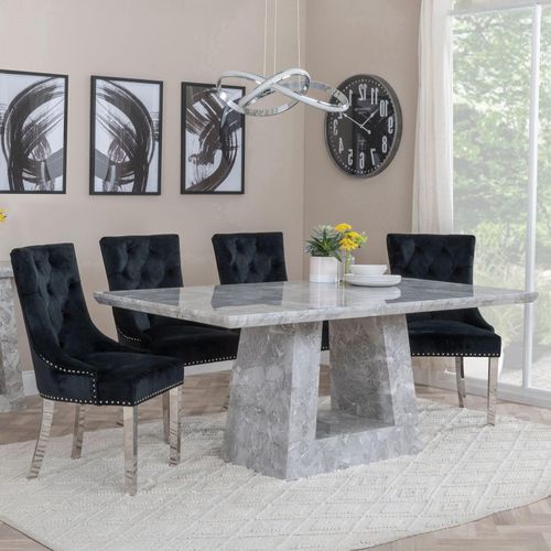 Milan Grey Marble Dining Set - Knocker Back Black Velvet Fabric Dining Chair with Chrome Legs
