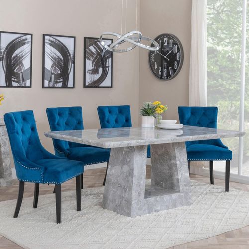 Milan Grey Marble Dining Set - Knocker Back Blue Velvet Fabric Dining Chair with Black Wooden Legs