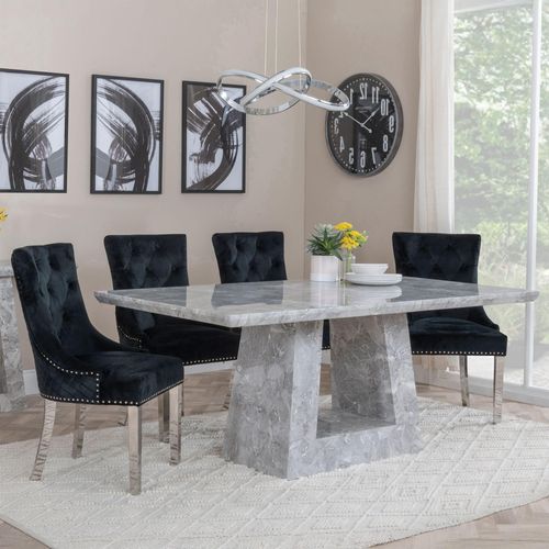 Milan Grey Marble Dining Set - Lion Knocker Back Black Velvet Fabric Dining Chair with Chrome Legs