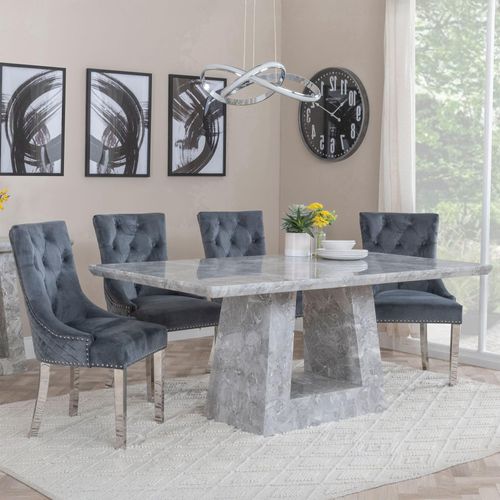 Milan Grey Marble Dining Set - Lion Knocker Back Grey Velvet Fabric Dining Chair with Chrome Legs