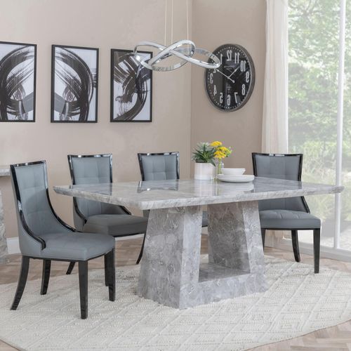 Milan Grey Marble Dining Set - Paris Grey Leather Dining Chair with Black Legs