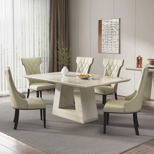 Milan Travertine Beige Engineered Marble Dining Set - Mimi Cream Leather Dining Chair