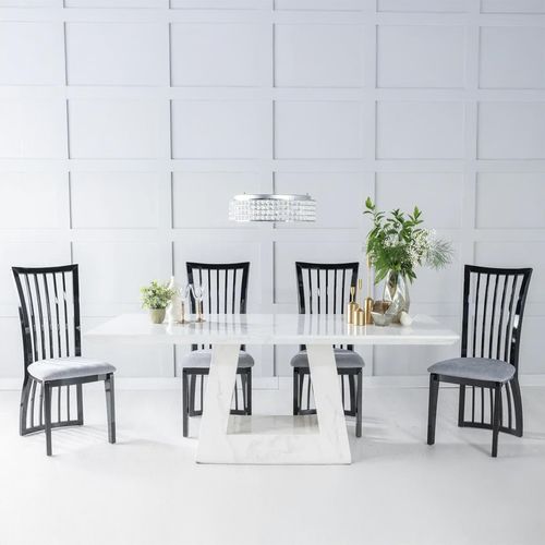 Milan White Marble Dining Set - Athena Black High Gloss Slatted Back Dining Chair with Grey Seat Pads