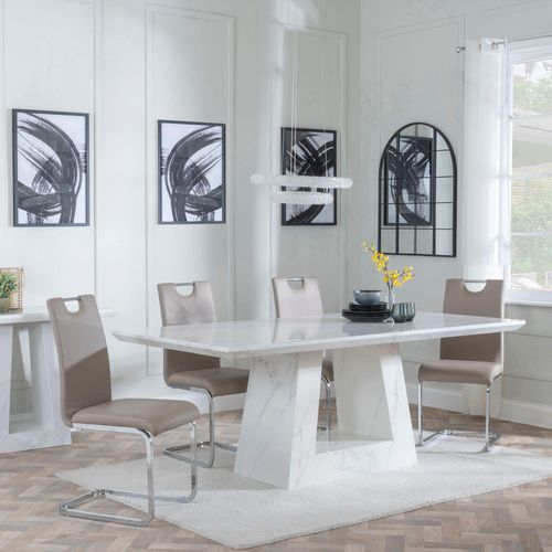 Milan Dining Set - 6 Seater - 160cm - White Marble - Bianco Dining Chairs - Beige Faux Leather