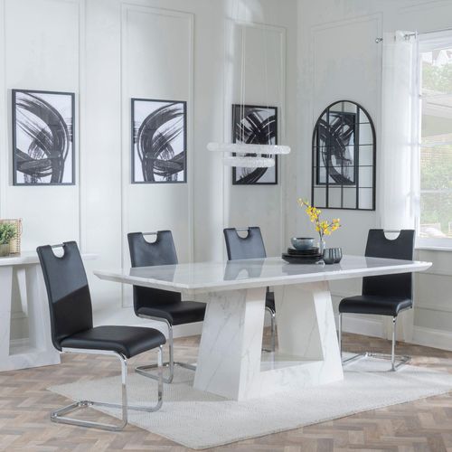 Milan White Marble Dining Set - Bianco Black Faux Leather Dining Chair