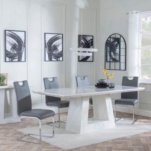 Milan Dining Set - 6 Seater - 160cm - White Marble - Bianco Dining Chairs - Grey Faux Leather