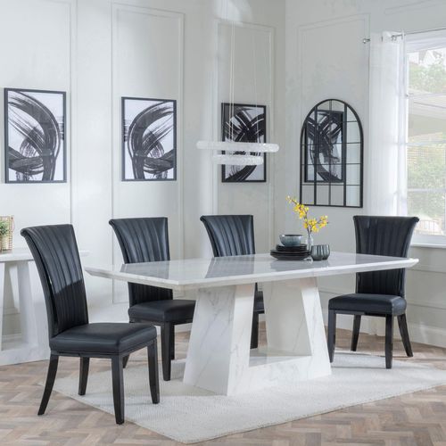 Milan White Marble Dining Set - Cadiz Black Leather Dining Chair