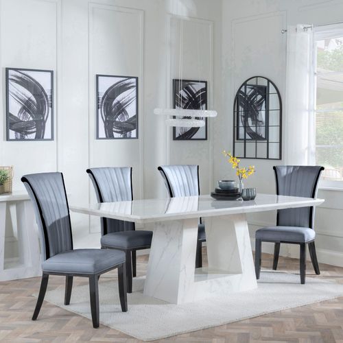 Milan White Marble Dining Set - Cadiz Grey Leather Dining Chair