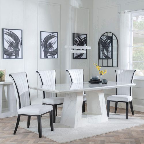 Milan White Marble Dining Set - Cadiz White Leather Dining Chair