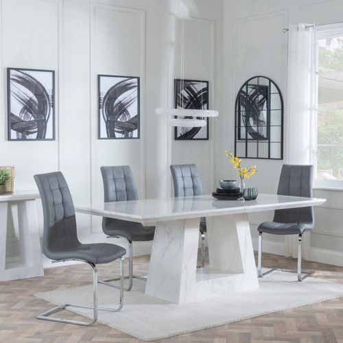 Milan White Marble Dining Set - Jamison Grey Faux Leather Dining Chair