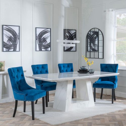 Milan White Marble Dining Set - Knocker Back Blue Velvet Fabric Dining Chair with Black Wooden Legs