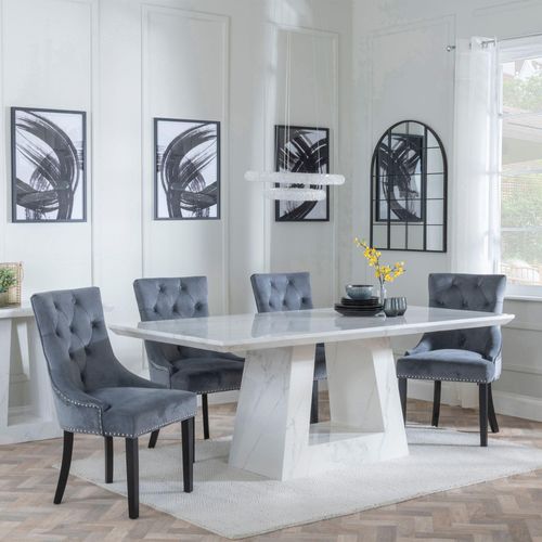 Milan White Marble Dining Set - Knocker Back Grey Velvet Fabric Dining Chair with Black Wooden Legs