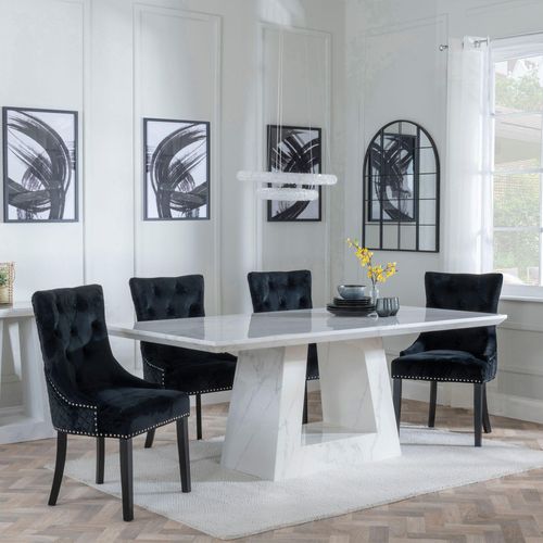 Milan White Marble Dining Set - Lion Knocker Back Black Velvet Fabric Dining Chair with Black Wooden Legs