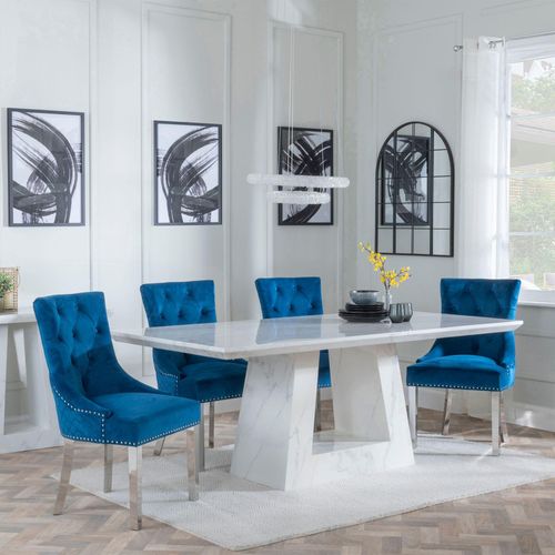 Milan White Marble Dining Set - Lion Knocker Back Blue Velvet Fabric Dining Chair with Chrome Legs