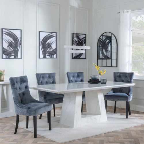 Milan White Marble Dining Set - Lion Knocker Back Grey Velvet Fabric Dining Chair with Black Wooden Legs