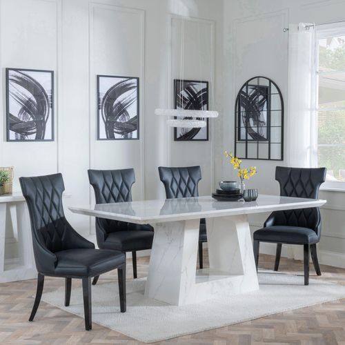 Milan White Marble Dining Set - Mimi Black Leather Dining Chair